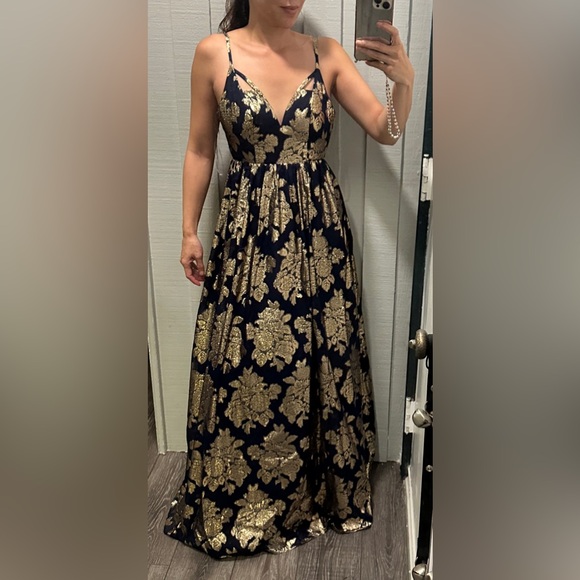 DEAR MOON Metallic Maxi Brocade Prom Fit + Flare Dress Gown 0 Navy Gold - Picture 2 of 3